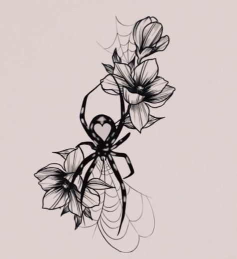 Spider Shoulder Tattoos For Women, Cute 3x3 Tattoos, Gothic Flower Tattoo Design, Spooky Shoulder Tattoo, Black Widow Tattoo Women, Tattoo Ideas Female Spider, Flower Spider Tattoo, Goth Tattoo Designs Drawings, Spider And Flower Tattoo