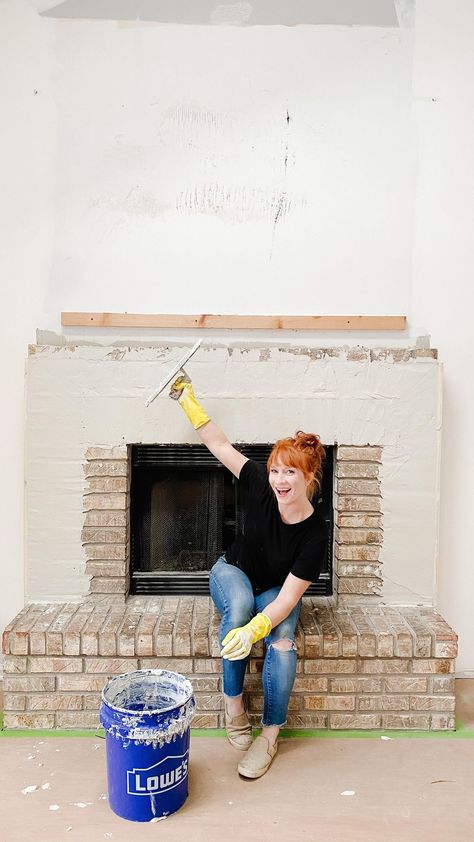 Over Mortar Brick Fireplace, Mortar Smear Fireplace, Cement Over Tile Fireplace, Brick To Concrete Fireplace, Fireplace Mantle On Stone Wall, Cover Red Brick Fireplace, How To Make Brick Fireplace Look Like Stone, Renovate Brick Fireplace, How To Stucco A Fireplace