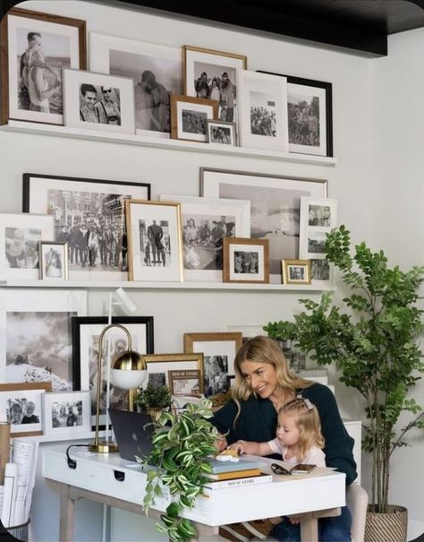 Built In With Artwork, Gallery Wall In Home Office, Blank Wall In Office, Photo Gallery Wall With Shelves, Gallery Wall With Diplomas, Home Office Wall Decor Ideas Behind Desk, Office Diploma Display Ideas, Pottery Barn Gallery Wall, Classy Gallery Wall