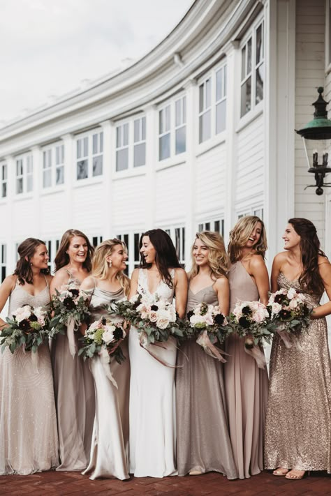 Glitter Bridesmaid Dresses, Neutral Bridesmaid Dresses, How To Dress For A Wedding, Neutral Dresses, Gold Bridesmaid Dresses, Bridesmaid Colors, Mismatched Bridesmaids, Gold Bridesmaids, Mismatched Bridesmaid Dresses