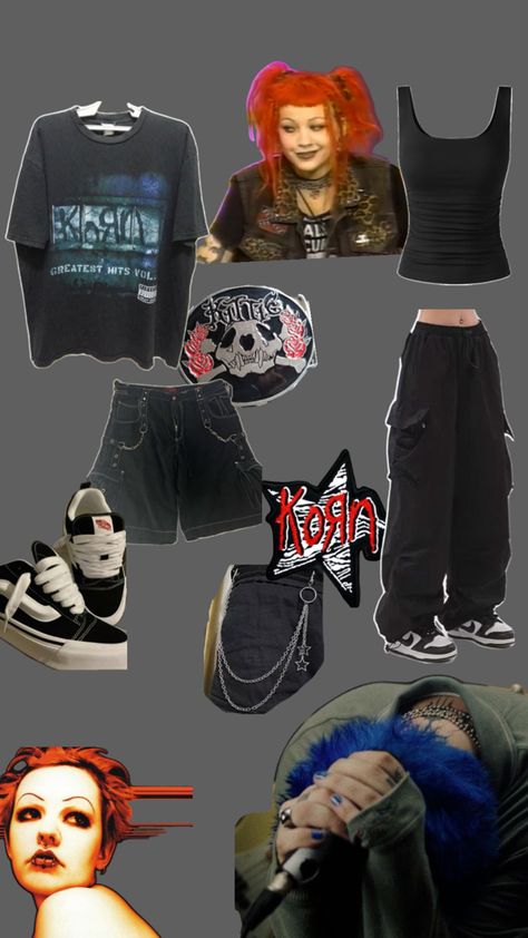 Nu metal outfit fashion vibes mall goth mad Kelly godsmack korn kittie cargo pants shorts chunky vans shoes edgy Mad Kelly, Korn Concert Outfit, Chunky Vans, Korn Concert, Metal Outfit, Fashion Vibes, Metal Clothing, Weird Fashion