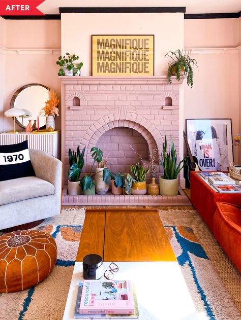 My Style: I’d say it’s a mix of bohemian and mid-century design with lots of references to popular culture — a combination of our fashion, music and art influences. Orange Sofa, Interior Minimalista, Casa Vintage, Floating House, Style Deco, Decoration Inspiration, Brick Fireplace, Living Room Colors, A Living Room