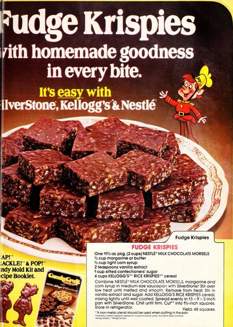 Fudge Krispies deliciously combined chocolate fudge with crispy rice cereal (1984) Crispy Fudge Rice Krispies, Crispy Fudge, 1950s Food, Chocolate Fudge Recipe, Snap Crackle Pop, Fudge Recipes Chocolate, Krispie Treats Recipe, Rice Krispies Treats, Krispies Treats