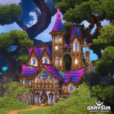 Really Cool Minecraft Houses, Enchanted House Minecraft, Minecraft Magical Castle, Minecraft Building Ideas Fantasy House, Enchanted Minecraft Builds, Minecraft Fantasy Mansion, Ldshadowlady Minecraft Builds, Colorful Minecraft Builds, Hotel In Minecraft