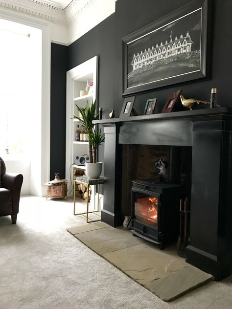 Farrow And Ball Off Black Bedroom, Black Alcoves Living Room, Off Black Farrow And Ball, Farrow And Ball Black, Black Farrow And Ball, Farrow And Ball Off Black, Hutchinson House, Black Fireplace Wall, Farrow And Ball Living Room