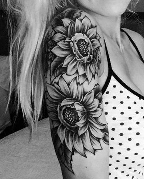 Realistic Sunflower Shoulder Arm Sleeve Tattoo Ideas for Women at MyBodiArt.com Baddie Tats, Women's Shoulder Tattoo, Small Wave Tattoo, Girl Shoulder Tattoos, Sunflower Tattoo Sleeve, Sunflower Tattoo Shoulder, Cool Shoulder Tattoos, Tattoo Dotwork, Ink Therapy