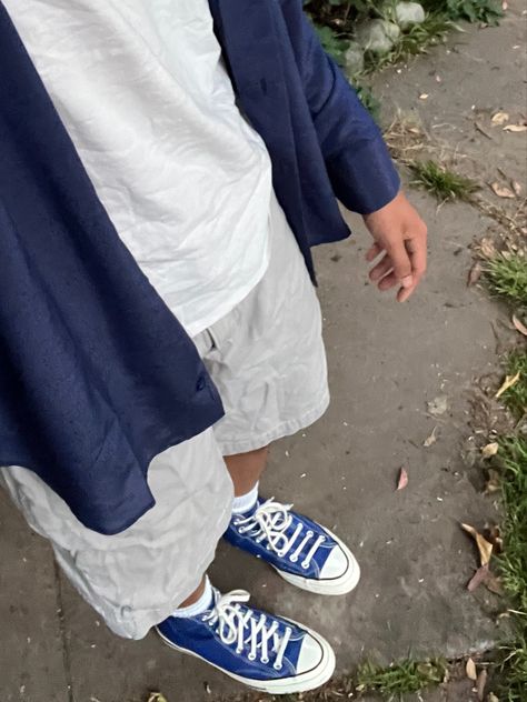 Mens Style Converse, Snorkel Blue Converse Outfit, Converse Navy Blue Outfits, Navy Converse Outfit Men, Outfit With Blue Converse, Guys In Converse, Blue Cdg Converse Outfit, Blue Shoe Outfits, Converse Blue Outfit