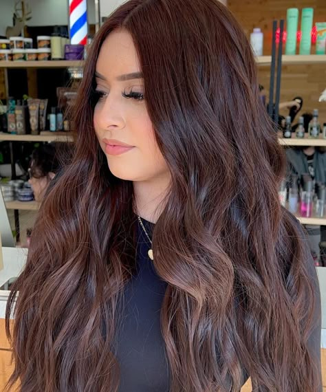 Dark Auburn Hair Color Formula, Mocha Spice Brunette, Dark Copper Brown Hair, Brown With Red Undertones, Chocolate Auburn Hair, Wella Formulas, Mahogany Hair Color, Hair Color For Morena, Mahogany Brown Hair