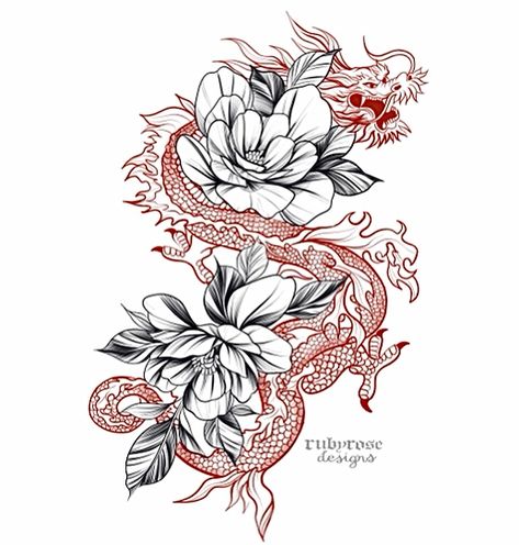 Dragon Tattoo For Women Japanese, Dragons With Flowers, Red Dragon Flower Tattoo, Floral Dragon Tattoo Sleeve, Japanese Dragon And Flowers Tattoo, Red Dragon With Flowers Tattoo, Dragon With Peonies Tattoo, Japanese Dragon With Flowers, Dragon Tattoo With Red Flowers