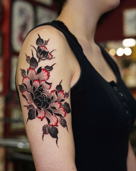 Black Tattoo Pop Of Color, Black And Red Peony Tattoo, Creative Cover Up Tattoos, Floral Tattoo Design Cover Up, Red Japanese Flower Tattoo, Black And Red Floral Tattoo, Black Tattoo With Pop Of Color, Shoulder To Shoulder Tattoo, Black Red Tattoo Design