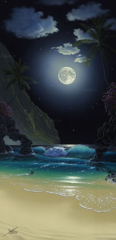 "Diamond Moon" Fantasy Realism, 2d Wallpaper, Canvas Photos, People Portraits, Magic Island, Lovely Flowers Wallpaper, Beach Night, Mystical World, Summer Landscape