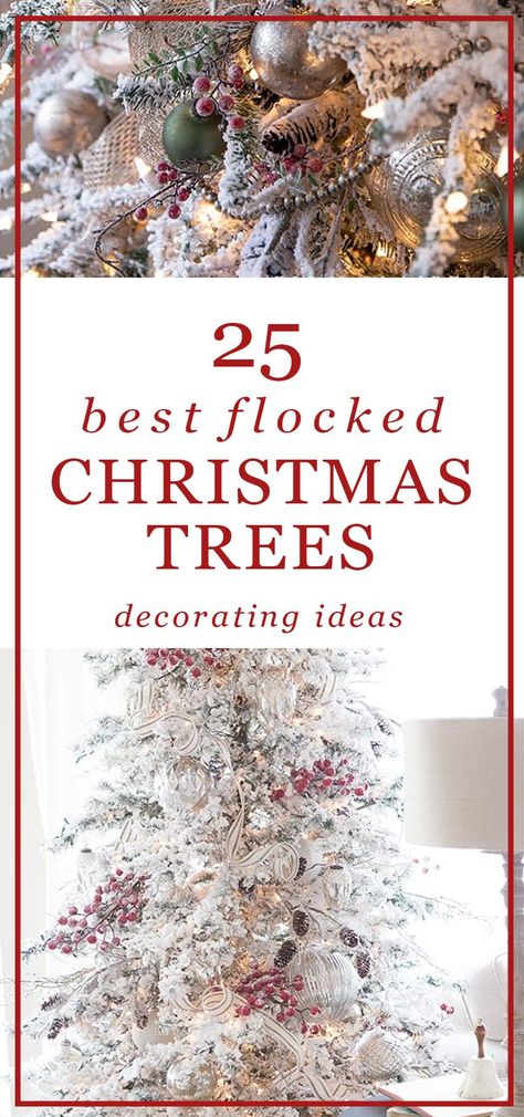 Flocked Trees Decorated, Flocked Christmas Tree Ideas, Antler Christmas Tree, White Flocked Christmas Tree, Christmas Trees Decorated, Christmas Tree Inspo, Frosted Christmas Tree, Flocked Christmas Tree, Snowy Christmas Tree