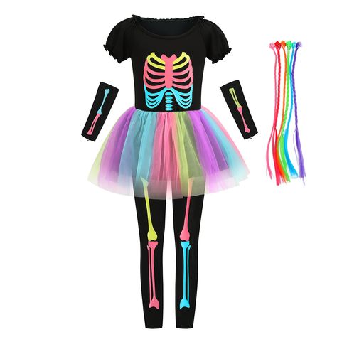 PRICES MAY VARY. Girls skeleton halloween costume is available for 3-10Y; Size XS(3T), S(4-5T), M (5-6T), L (7-8T), XL(9-10 Years), we suggest to check out the size table before buying Girls Funky Skeleton Costume includes Black dress printed with multi-color neon bones and 3 layer tutu, a pair of Sleeves, a pair of leggings with bone print, Nylon Hair Braid Extensions Attachments How to use: Unfold and hang out the clothes under the sunlight or indoor lighting for at least 30 minutes before wea Girls Skeleton Costume, Vampire Fancy Dress, Rainbow Skeleton, Funky Punky, Costume Rainbow, Halloween Tutu Dress, Bone Dress, Kids Stage, Skeleton Dress