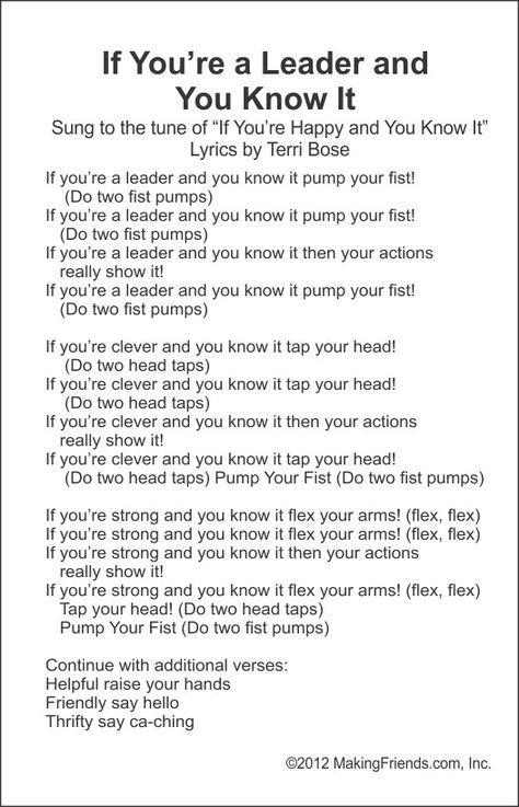 New Song -- If You're a Leader and You Know It --  Free printable From MakingFriends.com Girl Scout Camp Songs, Girl Scout Songs, Camp Games, Brownie Scouts, Campfire Songs, Camp Songs, Scout Camp, Girl Scout Activities, Girl Scout Camping