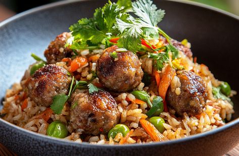 Vietnamese Pork Meatball Banh Mi-Inspired Fried Rice - Short Grain Food Truck Vietnamese Pork Meatballs, Pork Meatball, Vietnamese Rice, Fried Meatballs, Vietnamese Street Food, Meatballs And Rice, Vietnamese Pork, Banh Mi Sandwich, Pork Meatballs