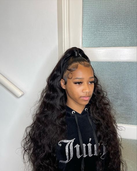 Loose Deep Wave Weave Half Up Half Down, Quick Weave Up And Down, High Half Up Half Down Quick Weave, Four Braid Hairstyles, Two Ponytails Half Up Half Down Weave, 13th Birthday Hairstyles Black, Freshman Hairstyles, Braid Hairstyles Ponytail, Up And Down Hairstyles Weave