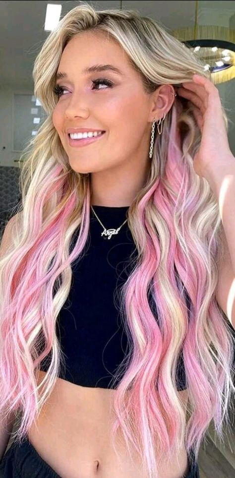 Pink Peekaboo Hair, Different Skin Colors, Pink Hair Streaks, Pink Hair Highlights, Garnier Hair Color, Blonde Hair With Pink Highlights, Hair Pieces For Women, Dyeing Hair, Pink Clip