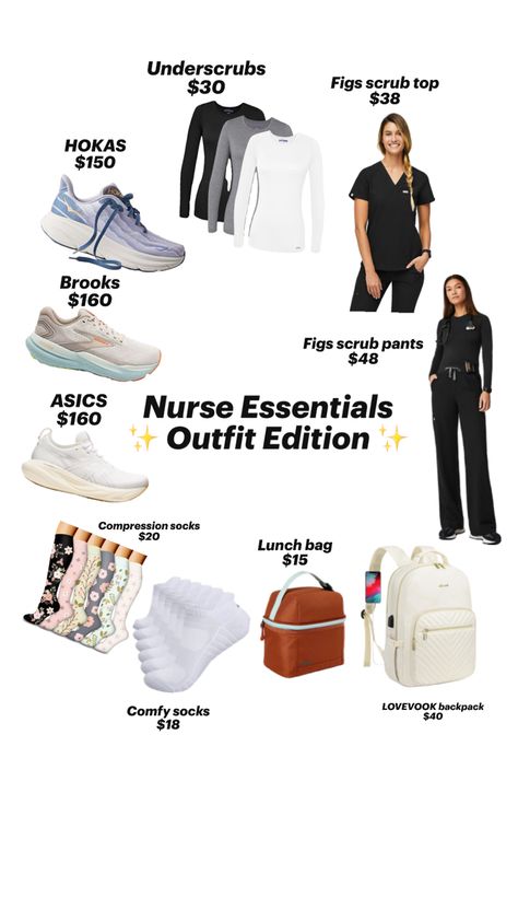 Nurse life nurse essentials nurse scrubs nurse aesthetic figs hoka brooks ASICS Nurse Outfit, Outfit Essentials, Figs Scrubs, Comfy Socks, Nursing Clothes, Compression Socks, Work Bag, Clothing Essentials, Scrub Pants