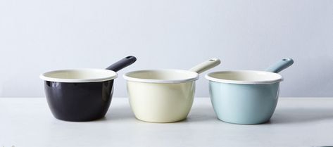 5 Favorites: Classic Enamel Milk Pans for Small Kitchen Tasks: Remodelista Enamel Pan, Cooking Contest, Milk Pan, Modern Color Palette, Prop Styling, Little Kitchen, Gourmet Gifts, Tiny Kitchen, Food 52