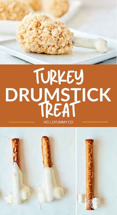 This Rice Krispie Turkey Drumstick Treat is an awesome Thanksgiving food for kids. Simple, tasty, and ready in minutes! #hellowonderful Rice Krispy Turkey Legs Recipe, Drumstick Rice Crispy Treats, Turkey Drumstick Rice Krispie, Rice Krispy Turkey Drumsticks, Rice Krispie Drumsticks, Rice Krispie Turkey Legs, Thanksgiving Desserts Rice Krispies, Thanks Giving Treats For Kids, Rice Krispie Thanksgiving Treats