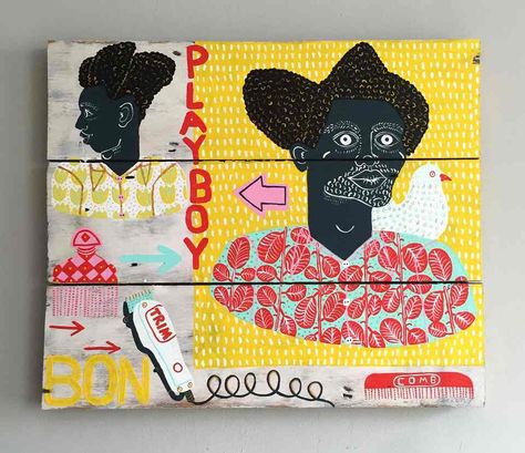 Amasunzu 1 (2016 Acrylic, Emulsion, Enamel & Ink on Wooden Board) These two paintings were inspired by African Barber shop signs, I love the colours and graphic text and wanted to emulate that look but with a twist. I focused on the traditional Rwandan Amasunzu hairstyle, I think it’s a look that really needs a comeback! Colour In Pictures, Dark Skin Tattoo, Two Paintings, Naive Painting, Contemporary African Art, Notebook Art, Painting People, Watercolor Inspiration, Wooden Board