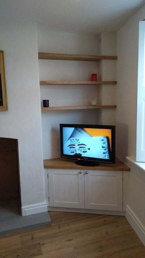 Where To Put Tv In Small Living Room, Built In Tv Cabinet Alcove, Bespoke Corner Tv Unit, Cupboards By Fireplace, Corner Alcove Ideas, Built In Alcove Cupboards With Tv, Tv In Alcove Living Room, Built In Corner Tv Cabinet, Corner Tv Unit Ideas Living Room