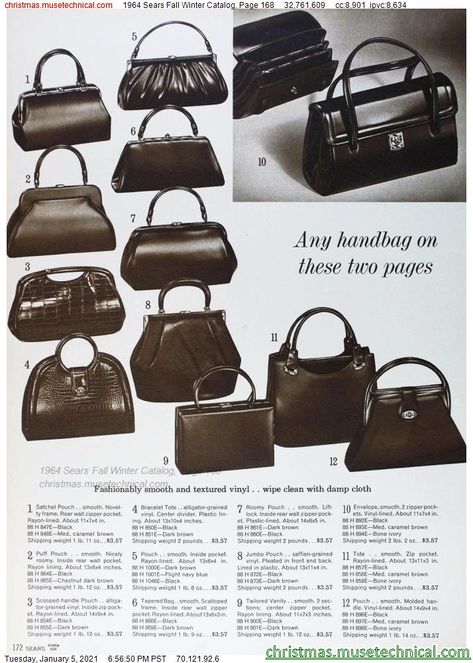 1964 Sears Fall Winter Catalog, Page 168 - Christmas Catalogs & Holiday Wishbooks 60s Bags Vintage, 60s Bags, Vintage Bags 1950s, Vintage Bag Pattern, Stylish Leather Bags, Catalog Bag, Bags Vintage, Christmas Catalogs, Vintage Purses