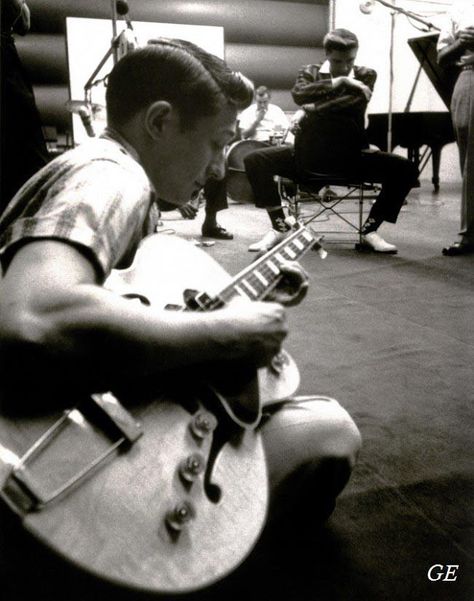 Scotty Moore playing as Elvis listens in the background. Scotty Moore, Rockabilly Music, Sun Records, Young Elvis, Elvis Presley Pictures, Learn To Play Guitar, Rock N’roll, Guitar Players, Guitar Hero