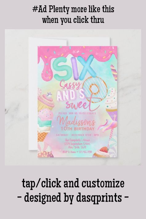 Six Sassy and So Sweet Invitation - tap to personalize and get yours #Invitation #donut #party, #pink #girl #grow Six Birthday Party Ideas Girl, Sixth Birthday Girl Party Ideas, 6 Year Birthday Party Ideas Girl, 6th Birthday Girl Themes, 6th Birthday Girls, Girl Birthday Themes, Donut Party, Girl Themes, Birthday Party Games