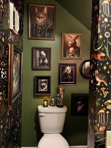 Tattoo Bathroom Decor, Whimsical Goth Bathroom, Ministry Of Magic Bathroom, Grunge Bathroom Aesthetic, Black Bathroom Walls, Maximalist Decor Bathroom, Tattoo Bathroom, Whimsigoth Bathroom, Bathroom Frames