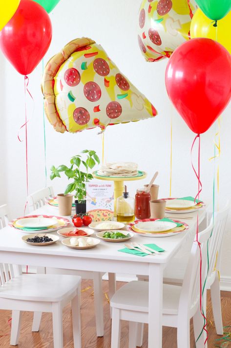 Pizza Making Birthday Party, Pizza Themed 2nd Birthday Party, Kids Pizza Party Ideas, Pizza Party Cake, Pizza Balloons, Pizza Party Ideas, Kids Pizza Party, Pizza Party Birthday, Girls Night In Party Ideas