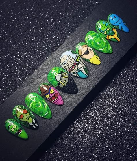 Rick And North Nails, Rick And Morty Nail Designs, Rick And Morty Nails Acrylic, Rick And Morty Nail Art, Rick And Morty Nails, Funny Grunge, Rasta Nails, Cartoon Nails, Long Nail Designs