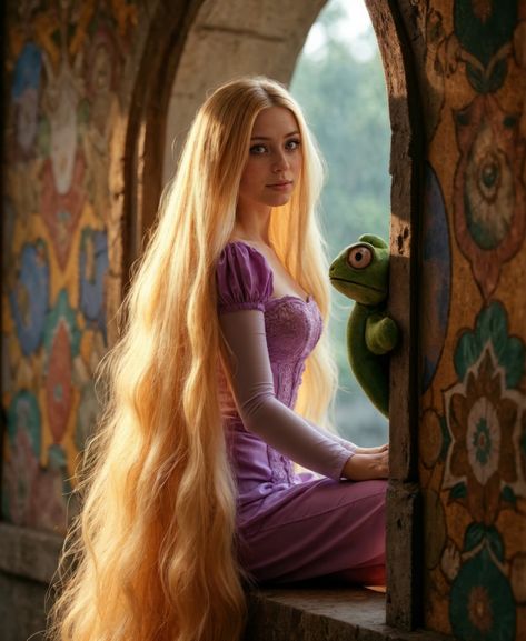 Rapunzel and I, two princesses with hair for days! Who would've thought our paths would cross in the magical Palace of Agrabah? As I sat perched on the windowsill, my 40-foot golden locks cascading around me, Aladdin stumbled upon us and did a comical double-take. "Whoa! Am I seeing double?" he exclaimed, rubbing his eyes in disbelief. Rapunzel and I exchanged amused glances. "No, Aladdin," I laughed, stroking Pascal, my borrowed chameleon companion. "We're not twins, just kindred spirits w... Magical Palace, Rapunzel Purple, Two Princesses, Long Hair Princess, Real Life Rapunzel, Disney Princess Hairstyles, Two Princess, In Disbelief, Long Hair Models