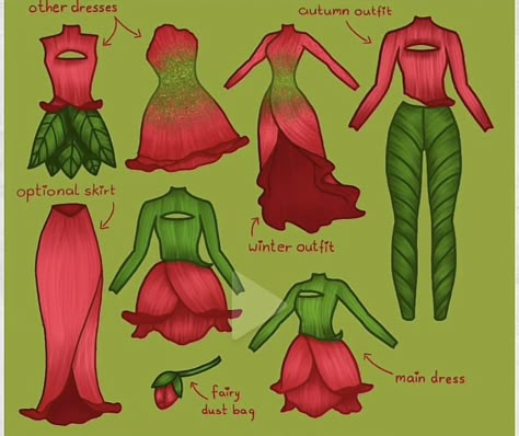 Pixie Hollow Outfit Ideas, Pixie Hollow Dress, Nature Themed Outfit Drawing, Fairy Drawings Outfits, Leaf Clothes Drawing, Tinkerbell Character Design, Tinkerbell Fairy Oc, Fairy Core Outfits Drawing, Plant Outfits Drawing