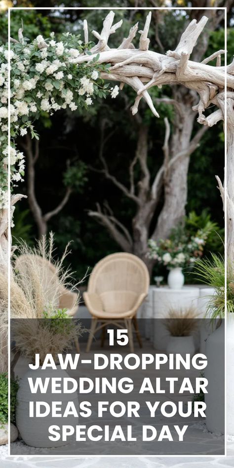 Looking for jaw-dropping wedding altar ideas? We've got you covered! Discover 15 unique altar designs that can add a personal touch to your special day. From romantic driftwood arbors to elegant floral backdrops, these diverse styles will make your wedding ceremony unforgettable. Whether you're dreaming of a rustic vibe or a garden celebration, our curated list highlights the most beautiful altar setups that are sure to take your breath away. It's time to say 'I do' beneath an enchanting and stylish wedding altar! Alternative Wedding Arbour, Anniversary Dinner Outfit, Wedding Altar Ideas, Altar Setup, Garden Celebration, Classy Wedding Cakes, Driftwood Wedding, Floral Backdrops, Altar Design