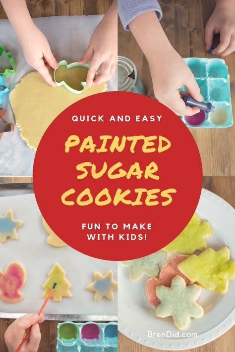 Learn how to use milk and food coloring to decorate sugar cookies with kids. Fun and tasty cookie decorating that is less messy!  #preschool #preK #snacktime #cookingwithkids #kidfriendlyrecipes #cookiedecorating How To Paint Cookies With Food Coloring, Preschool Cookie Decorating, Decorating Sugar Cookies With Kids, Painting Cookies With Food Coloring, Sugar Cookie Painting, Cookie Painting For Kids, Toddler Christmas Cookie Decorating, Toddler Cookie Decorating, Cookie Decorating For Toddlers