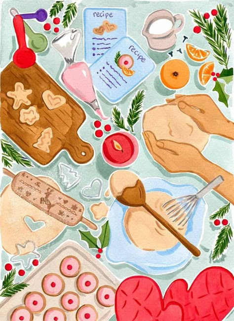 Cooking Design Art, Baking Cute Illustration, Sabina Fenn Illustration, Aesthetic Food Illustration, Christmas Bakery Illustration, Bakery Art Illustration, Baking Art Illustration, Baking Illustration Art, Christmas Food Illustration