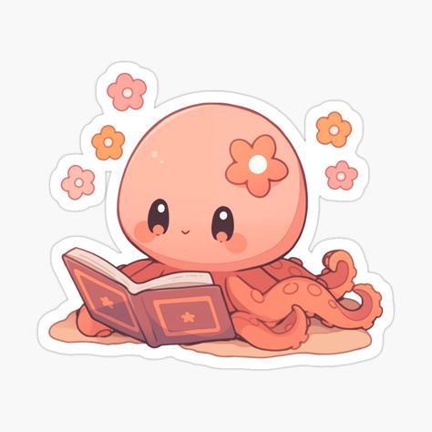 Octopus Reading, Kawaii Octopus, Tea Corner, Animals Stickers, Chat Kawaii, Chat Halloween, Cute Octopus, Art Mignon, Art Kawaii