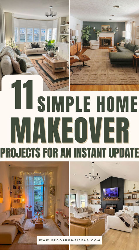 Give your home a fresh new look with these 11 quick and simple makeover ideas! Discover easy tips for enhancing your space, from clever decor updates to small DIY projects that create stunning results. Perfect for anyone looking to add charm and personality with minimal effort! Updating Older Home, Update Old House Budget, Easy Renovation Ideas Budget, Easy Makeover Home, Easy House Makeover Ideas, Quick Home Projects Diy, Simple Home Makeover Ideas, Update Decor Ideas, Outdated Home Makeover