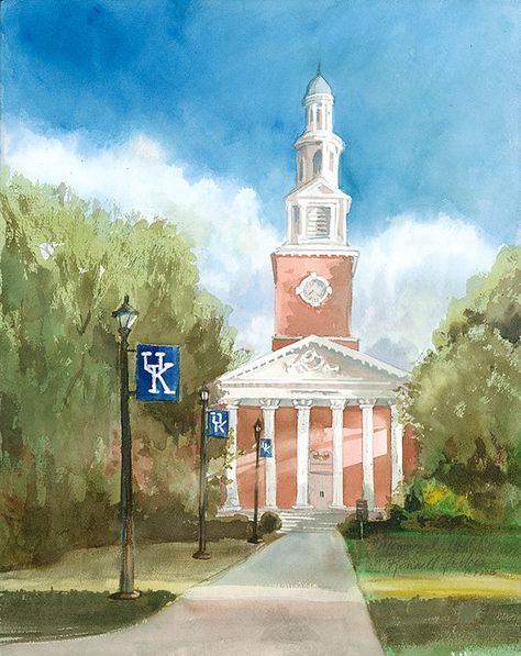 University of Kentucky Memorial Hall hand signed giclee print from an original watercolor. The original painting was inspired by a friend who University Of Kentucky Prints, University Of Kentucky Wallpaper, University Of Kentucky Aesthetic, Kentucky Painting, College Paintings, Kentucky Art, Hall Painting, University Of Ky, Big Blue Nation