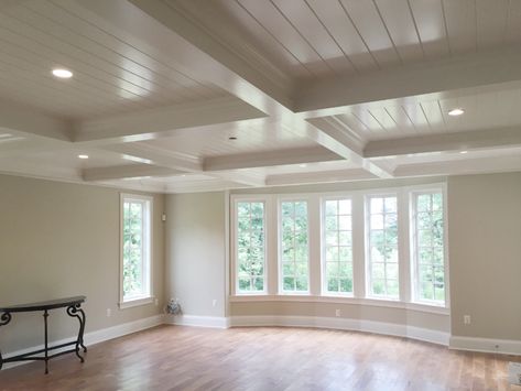 Coffered Ceiling with V-Groove - WindsorONE Tounge And Groove Ceilings, V Groove Ceiling, Upstate House, Groove Ceiling, Coffered Ceiling Design, Spec House, Eye Clinic, Interior Design Dining, Shiplap Ceiling