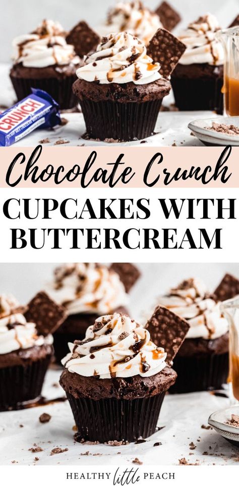 Cupcakes are always a good idea, especially my NEW Chocolate Crunch Cupcakes with Buttercream. These super moist chocolate cupcakes topped with buttercream frosting and crushed Nestle Crunch Bars and drizzled with chocolate and caramel will leave everyone running back for more. #cupcakes #cupcakerecipes #buttercreamfrosting #frosting #dessertrecipes #easybuttercream #dessert #desserts #chocolate Nestle Crunch Bars, Super Moist Chocolate Cupcakes, Candy Bar Cupcakes, Cupcakes With Buttercream Frosting, Moist Chocolate Cupcakes, Cupcakes With Buttercream, Buttercream Frosting For Cupcakes, Nestle Crunch, Crunch Bars