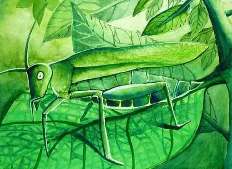 World of one colour; Monochromatic painting of grasshopper Monochromatic Painting, Green Monochrome, Monochrome Painting, Monochromatic Art, 8th Grade Art, 6th Grade Art, Painting Green, Perspective Art, Art Curriculum