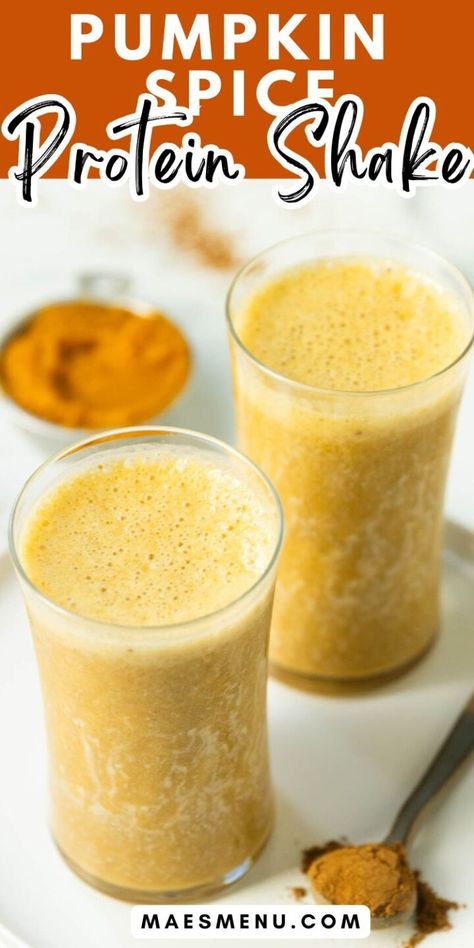 Pumpkin Protein Shake  - Mae's Menu Pumpkin Spice Protein Shake, Fall Snack Ideas, Simple Protein Shake Recipes, Pumpkin Protein Smoothie, Pumpkin Baking Recipes, Pumpkin Protein Shake, Healthy Fall Snacks, Pumpkin Shake, Pumpkin Smoothie Recipe