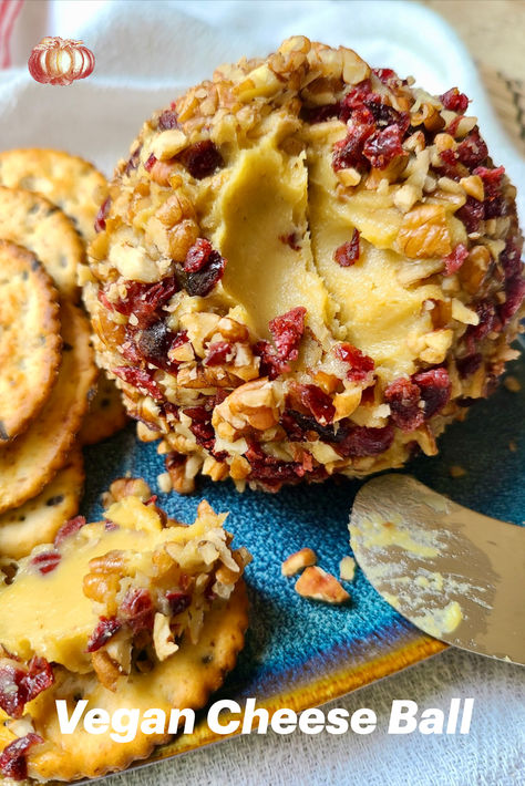 Vegan Cheese Ball with Pecans and Cranberries Recipe Vegan Cheeseball Recipe, Vegan Cheese Balls, Vegan Cheese Ball Recipes, Vegan Gluten Free Appetizers, Cheese Ball With Pecans, Vegan Cheese Ball, Easy Vegan Cheese, Cashew Cheese Recipe, Cheese Ball Recipes Easy