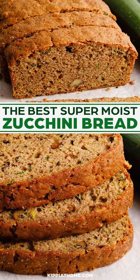 Moist, delicious zucchini bread is perfect for breakfast, afternoon snacks, or anytime. My husband’s mother, her mom, and sisters were fantastic cooks, so they blessed the family with a cookbook filled with their BEST loved recipes. #zucchini #kippiathome