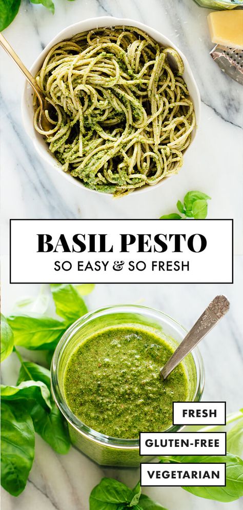 Homemade basil pesto is SO EASY! Learn how to make basil pesto with this recipe. It’s the perfect use for surplus basil, and tastes delicious on pasta, pizza, salads and more. You can’t go wrong! #pesto #basilpesto #summerrecipe #basilrecipe #cookieandkate Healthy Basil Pesto Recipe, Uses For Basil, Sauce Tartare, Basil Recipes, How To Make Pesto, Homemade Pesto, Basil Pesto, Tapenade, Pesto Recipe