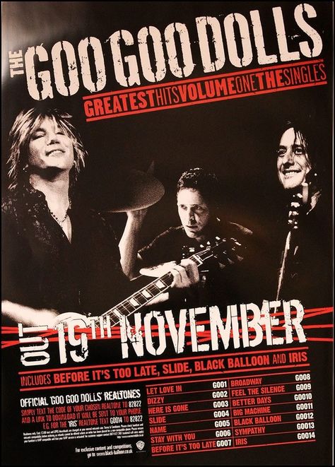 The Goo Goo Dolls Poster, Iris Goo Goo Dolls, The Goo Goo Dolls, Radio Song, Grunge Posters, Goo Goo Dolls, Vintage Music Posters, Band Nerd, Music Poster Design