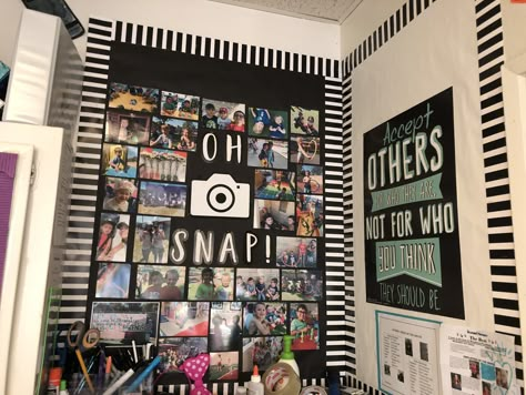 Photo Wall Classroom Ideas, Photos In Classroom, Picture Wall Ideas Classroom, Aftercare Classroom Ideas, Picture Wall In Classroom, Classroom Selfie Wall, Photography Bulletin Board Ideas, Family Picture Wall Classroom, Photo Wall Collage Classroom