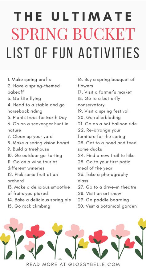 Need ideas on activities to do as you head into the warmer season? Check out the following 75 fun spring activities to do both indoors and outdoors in this spring bucket list for adults and families. | bucket list for spring break | spring bucket list for couples | spring bucket list ideas | may bucket list | spring activities for adults | spring break bucket list | activities in spring | perfect spring day | springtime activities | spring themed activities | fun things to do in the spring Things To Do In Holidays, April Activities For Adults, Spring Bucket List Ideas, May Bucket List, Spring To Do List, Spring Break With Kids, Fun Things To Do In Spring, Spring Activities For Adults, Spring Break Bucket List